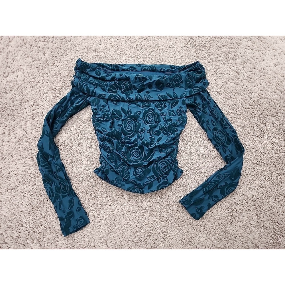 Wild Fable Top Womens M Teal Blue Rose Flocked Long Sleeve Off The Shoulder Y2k